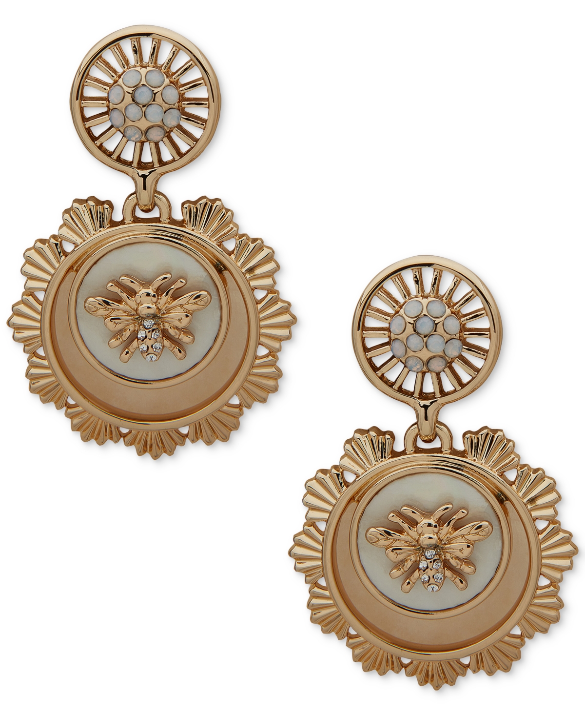 Anne Klein Gold-tone Pave & Mother-of-pearl Bee Motif Drop Earrings