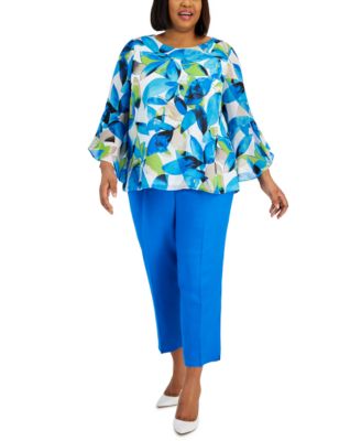 Shop Kasper Plus Size Printed Ruffle Sleeve Blouse Linen Blend Pants In Lily White,light Azure