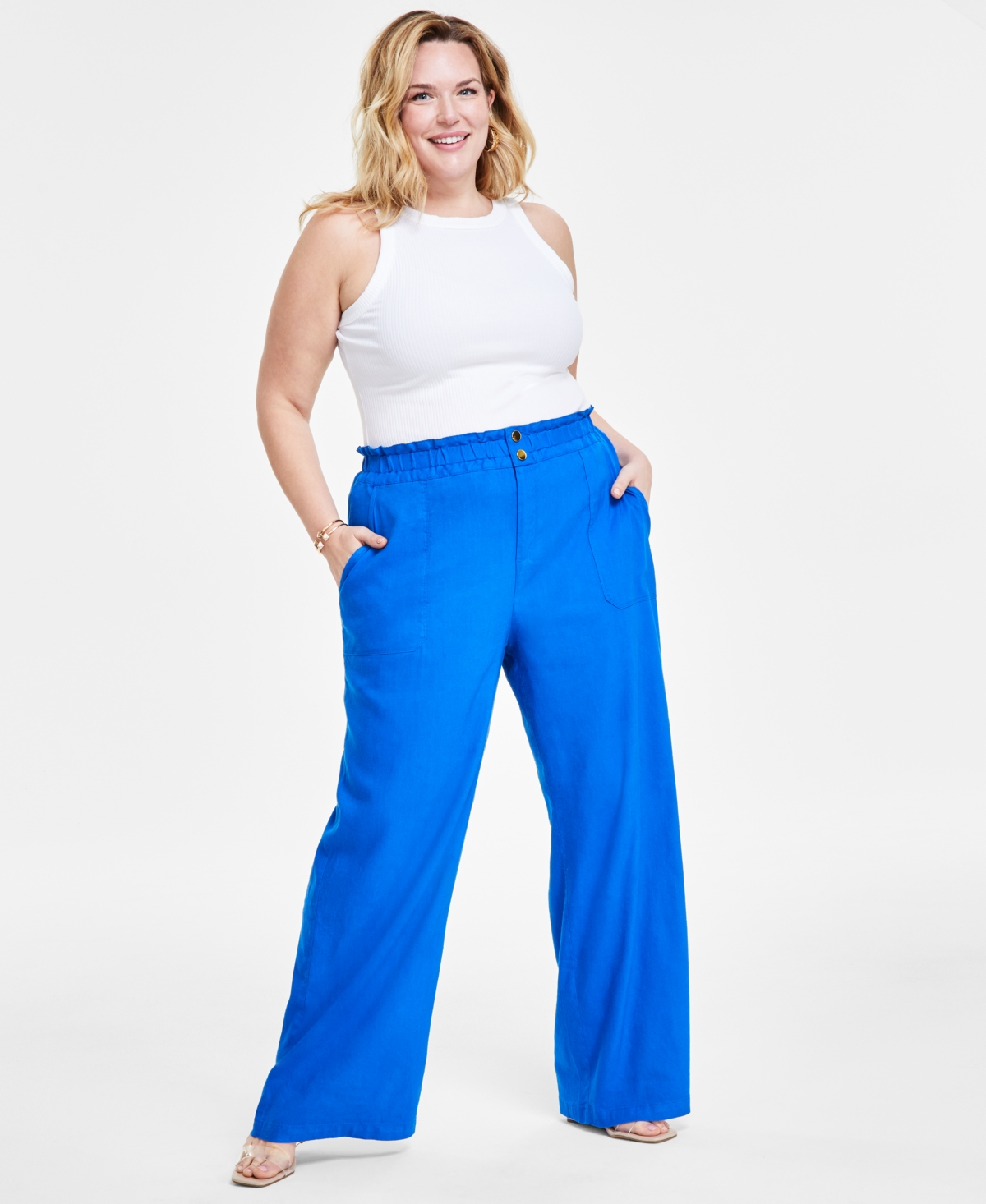Plus Size Linen-Blend Wide-Leg Pants, Created for Macy's - Intense Cobalt