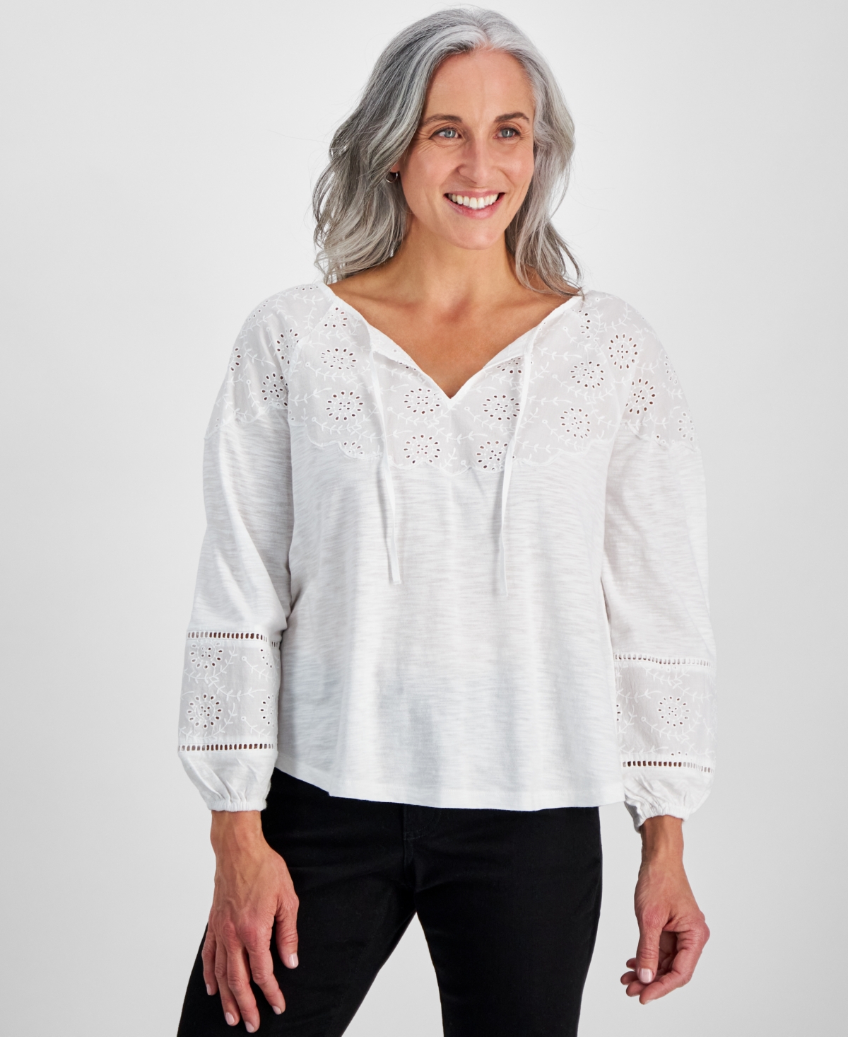 Style & Co Petite Eyelet Embroidered Top, Created For Macy's In Bright White