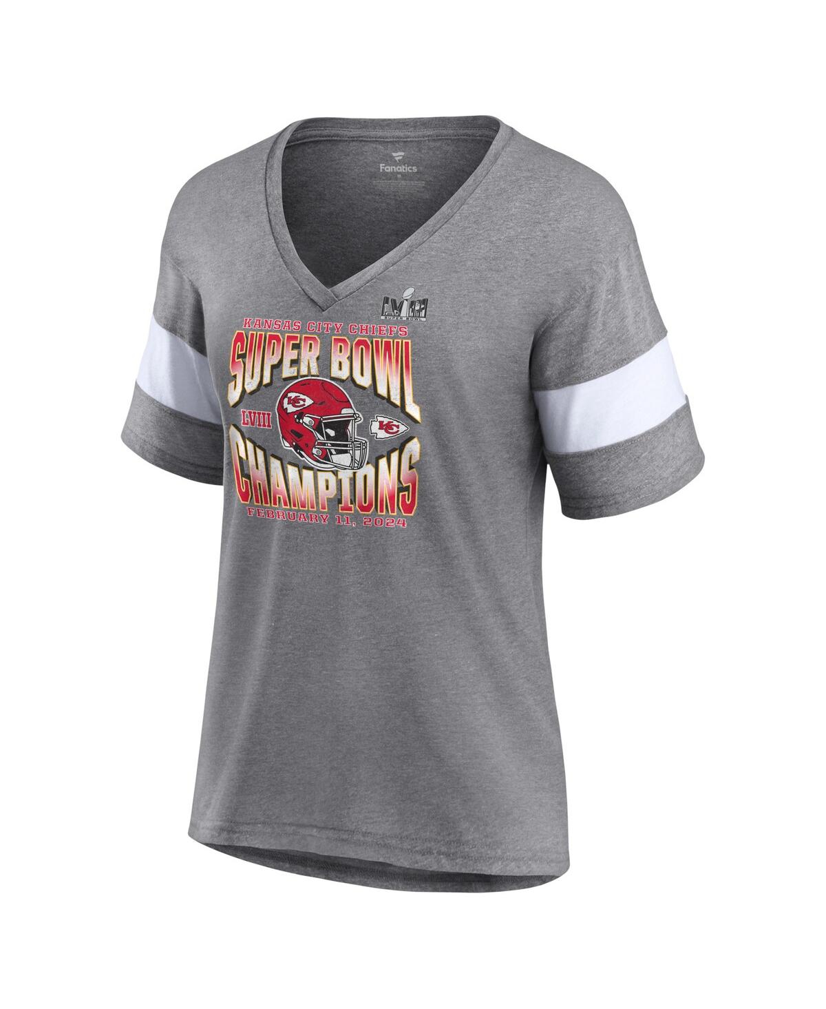 Women's FanaticsKansas City Chiefs Super Bowl Lviii Champions Own the Moment Tri-Blend V-Neck T-shirt - Heather Gray, White