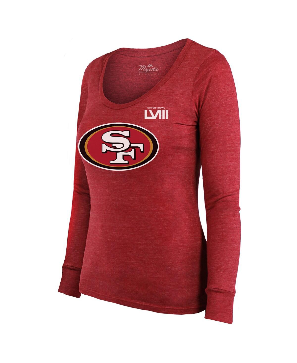Women's Majestic Threads Christian McCaffreySan Francisco 49ers Super Bowl Lviii Scoop Name and Number Tri-Blend Long Sleeve T-shirt - Scarle