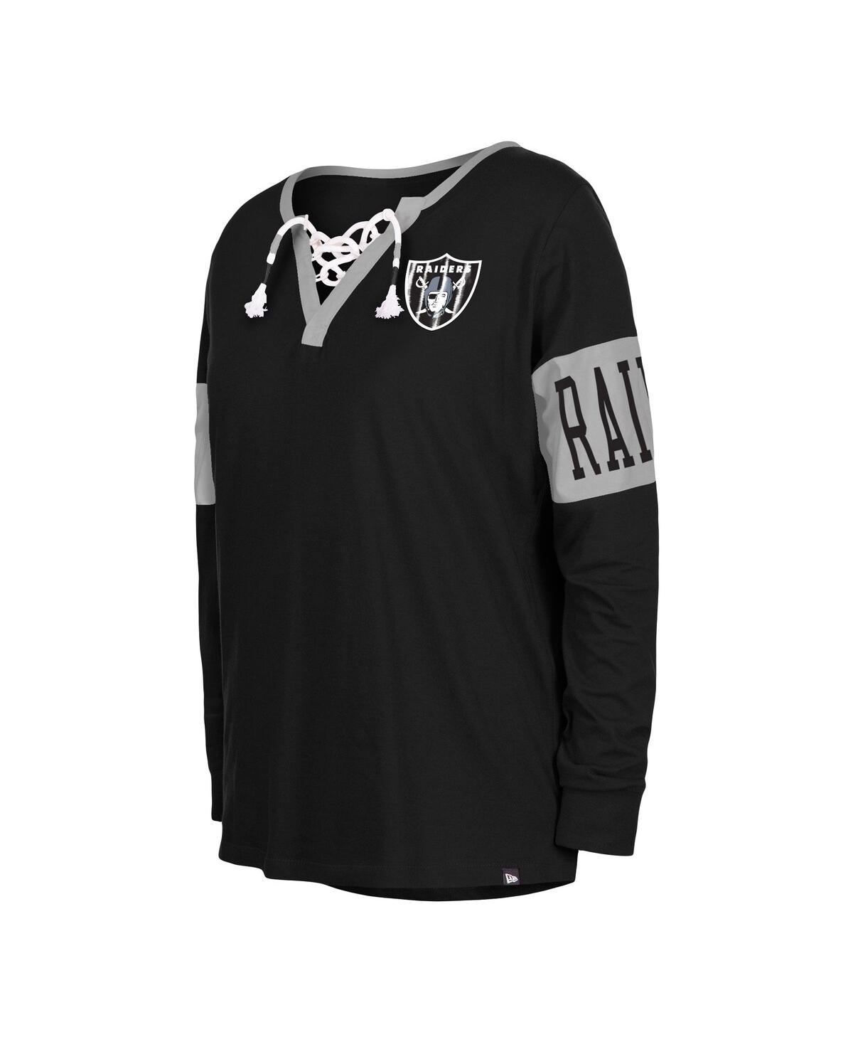 Shop New Era Women's  Black Las Vegas Raiders Lace-up Notch Neck Long Sleeve T-shirt