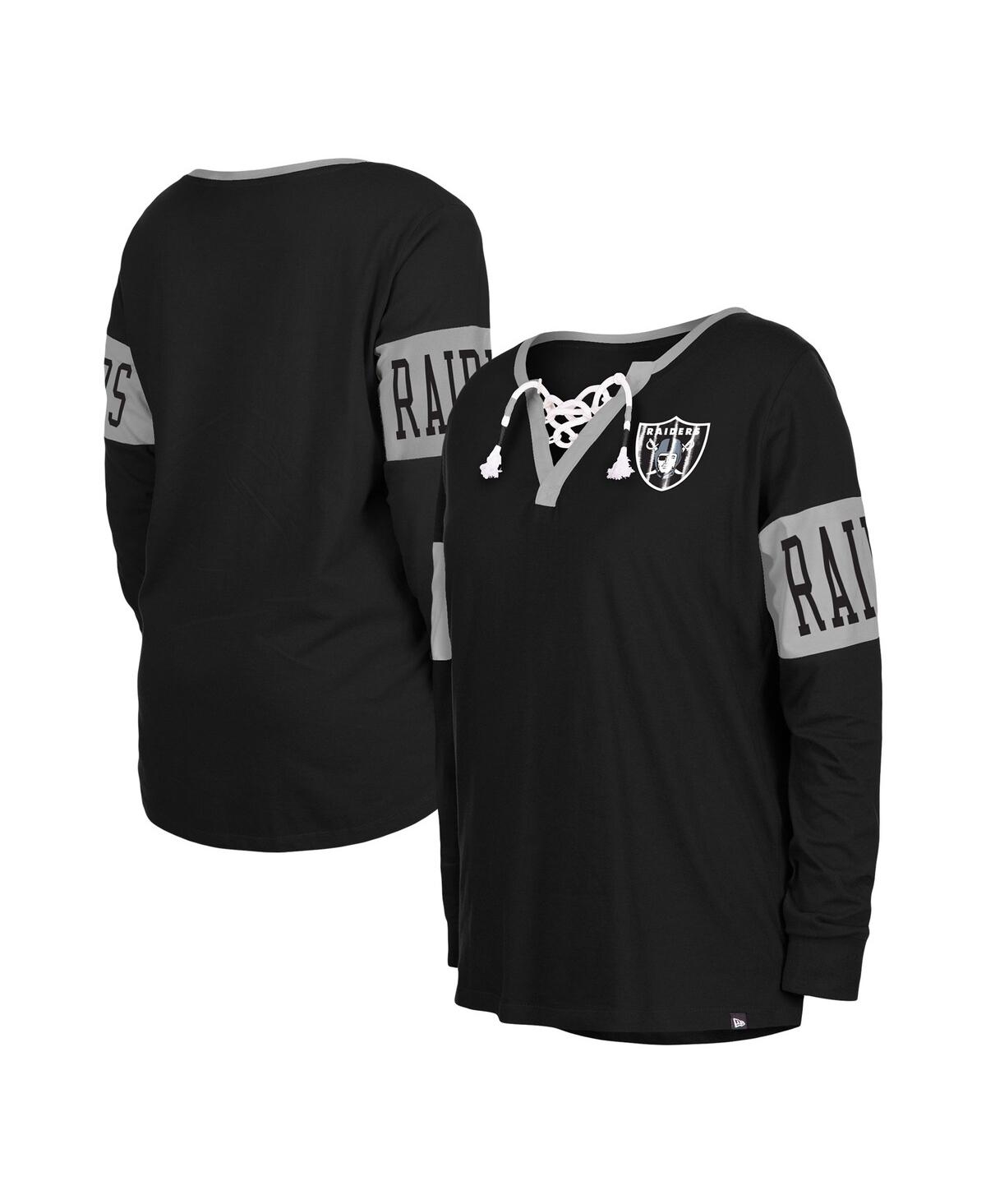 Shop New Era Women's  Black Las Vegas Raiders Lace-up Notch Neck Long Sleeve T-shirt