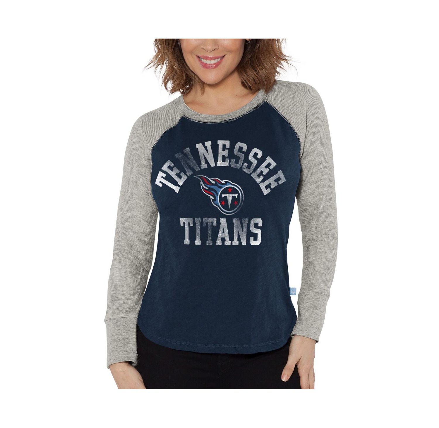 Women's Navy, Heather Gray Distressed Tennessee Titans Waffle Knit Raglan Long Sleeve T-shirt