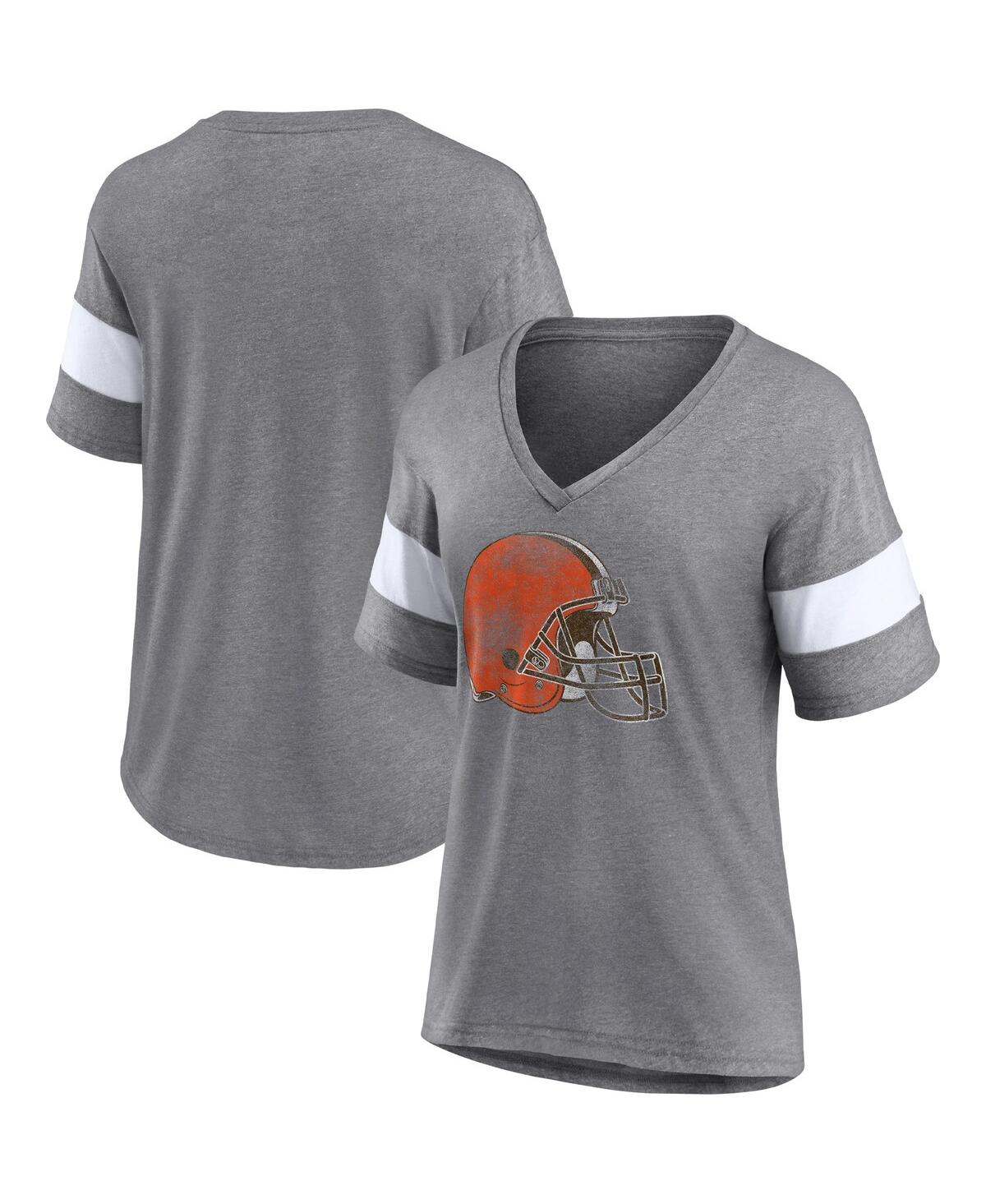 Shop Fanatics Women's  Heathered Gray, White Cleveland Browns Distressed Team Tri-blend V-neck T-shirt In Heathered Gray,white