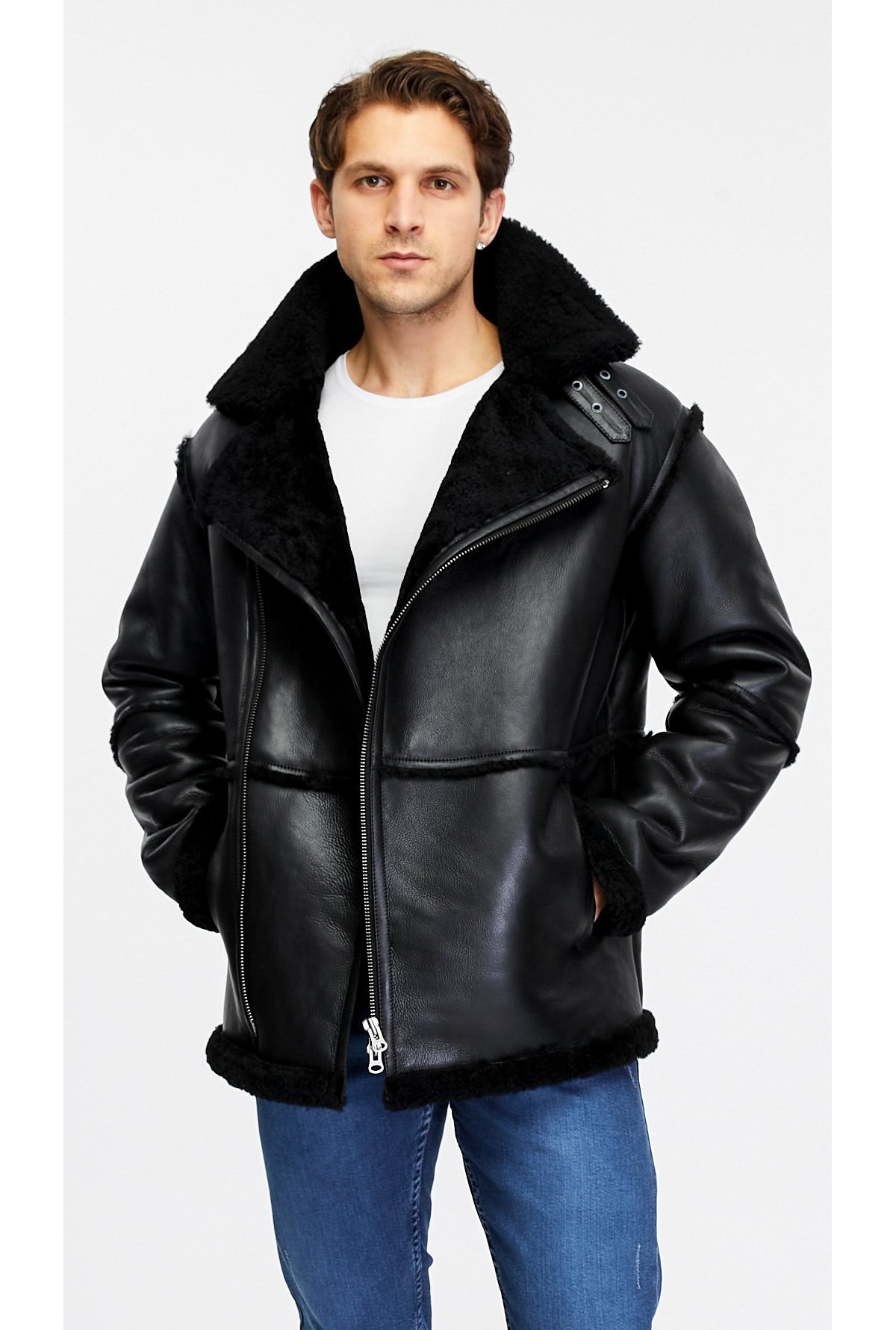 Men's Fashion Leather Jacket Wool, Black - Black