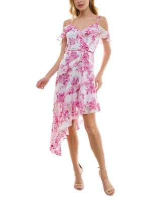 BCX - Juniors' Floral Jacquard Print Asymmetric Ruffled Dress