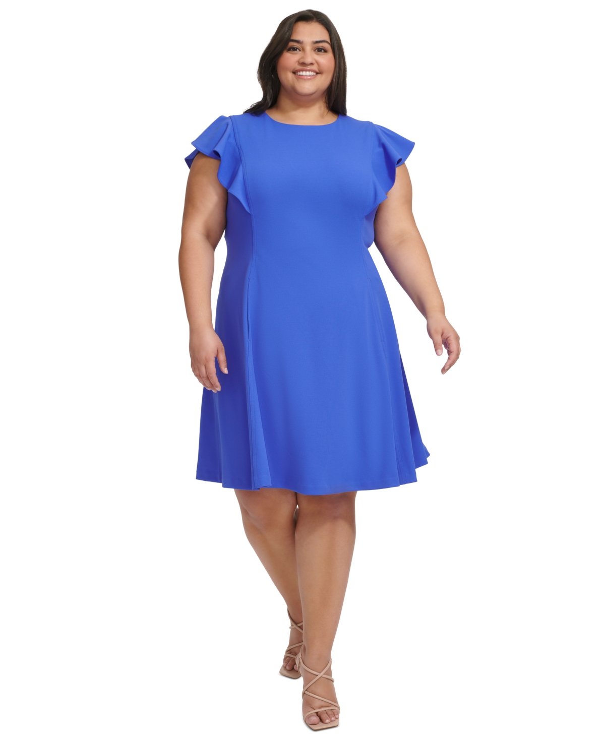 Dkny Plus Size Flutter-sleeve Scuba-crepe Fit & Flare Dress In Iris Blue