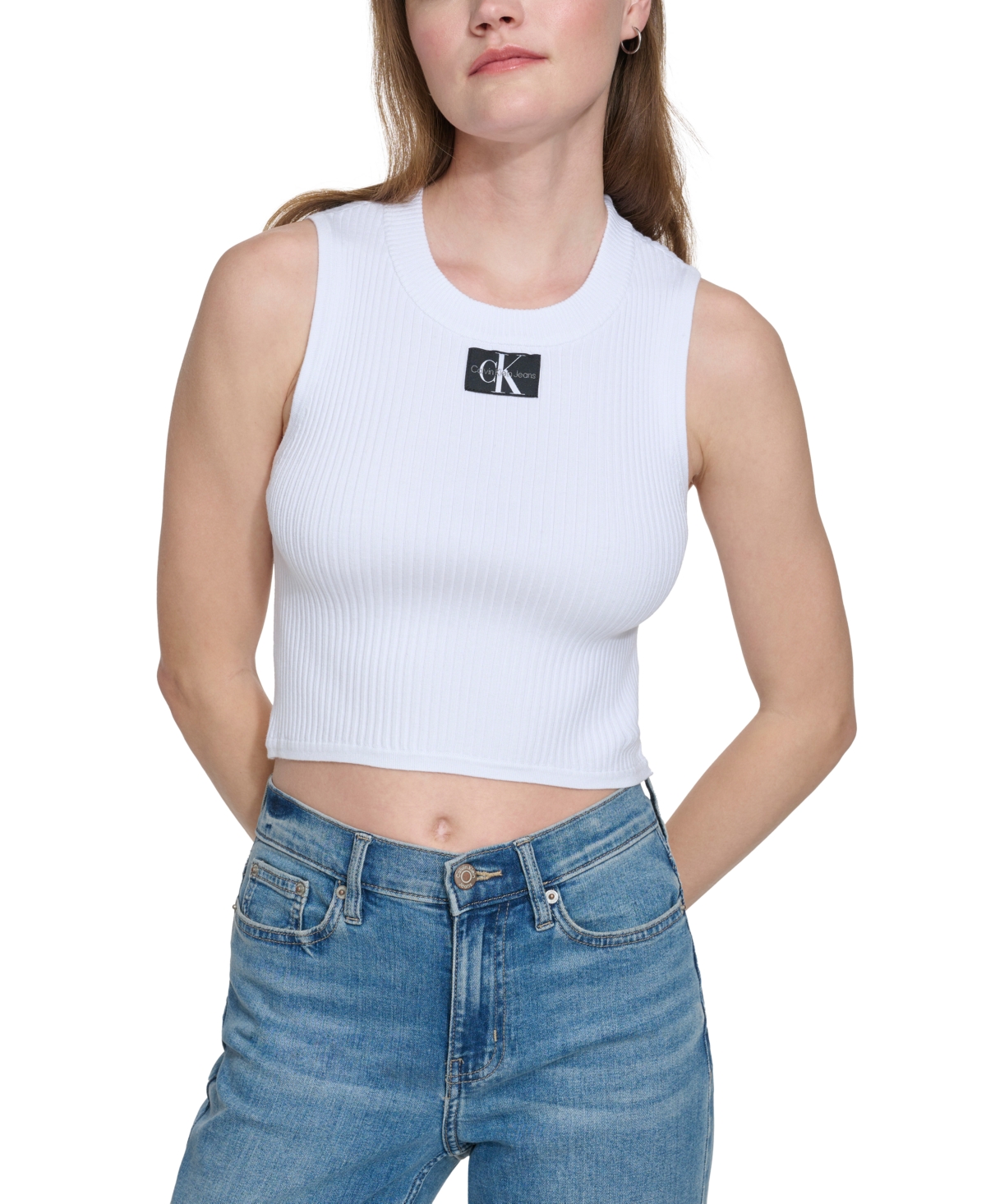 Shop Calvin Klein Jeans Est.1978 Women's Ribbed Angled-hem Cropped Logo Top In White
