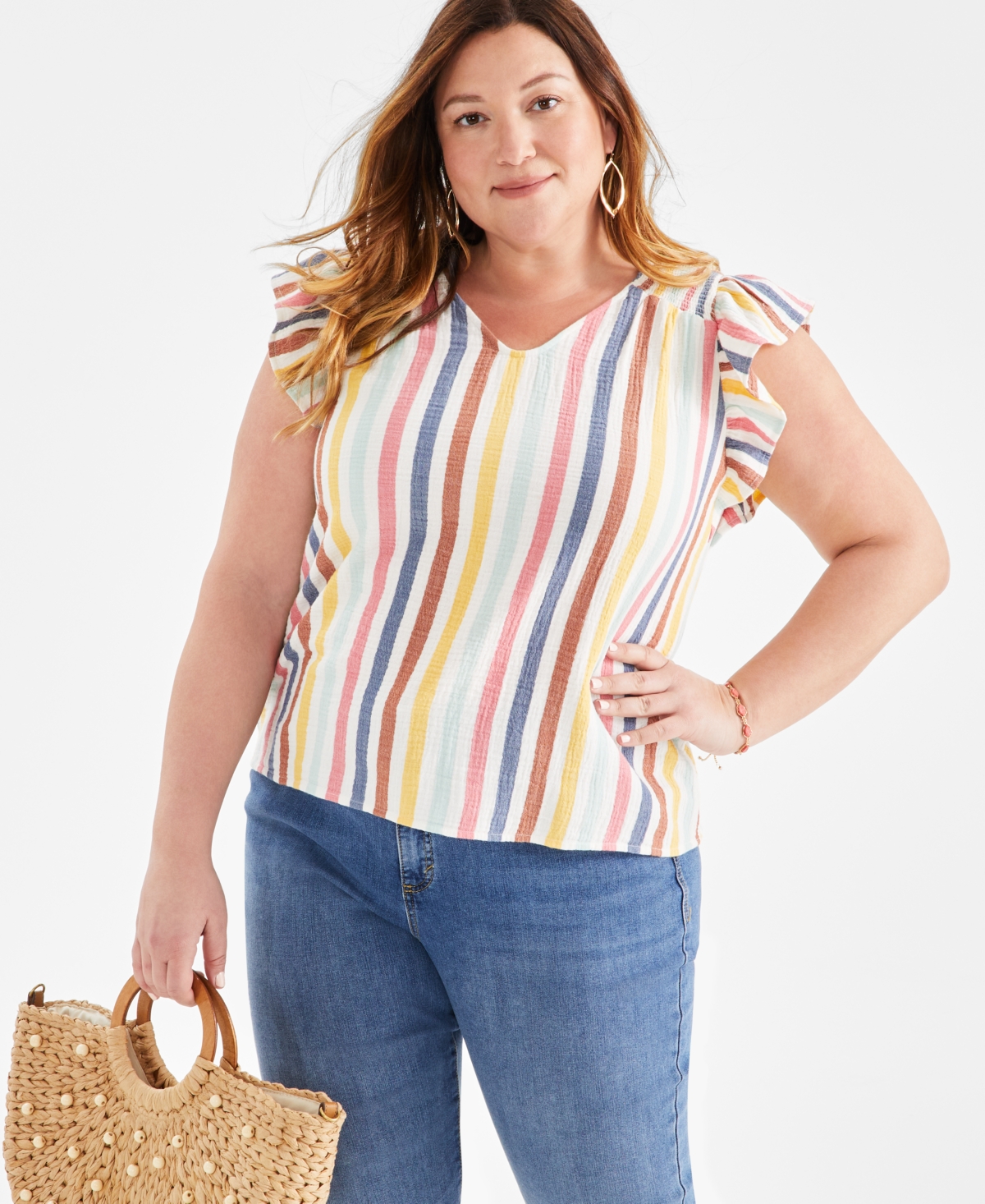 Shop Style & Co Plus Size Flutter-sleeve V-neck Top, Created For Macy's In Multi Stripe