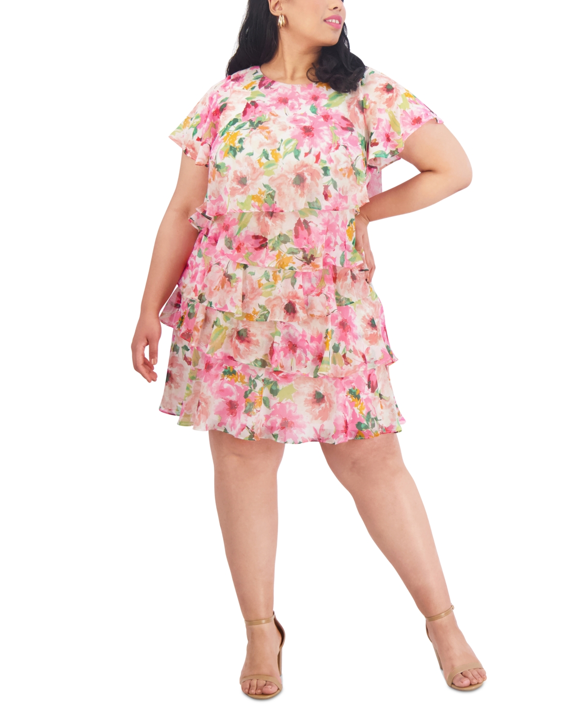 Shop Jessica Howard Plus Size Floral-print Tiered Dress In Ivory Multi