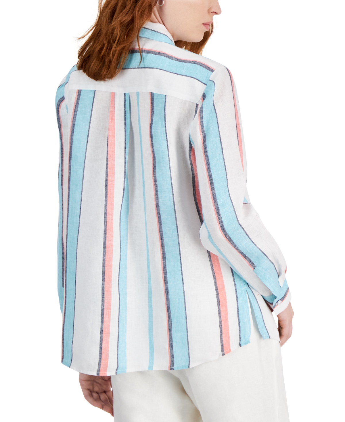 Shop Charter Club Women's 100% Linen Hampton Stripe Tab-sleeve Top, Created For Macy's In Bright White Combo