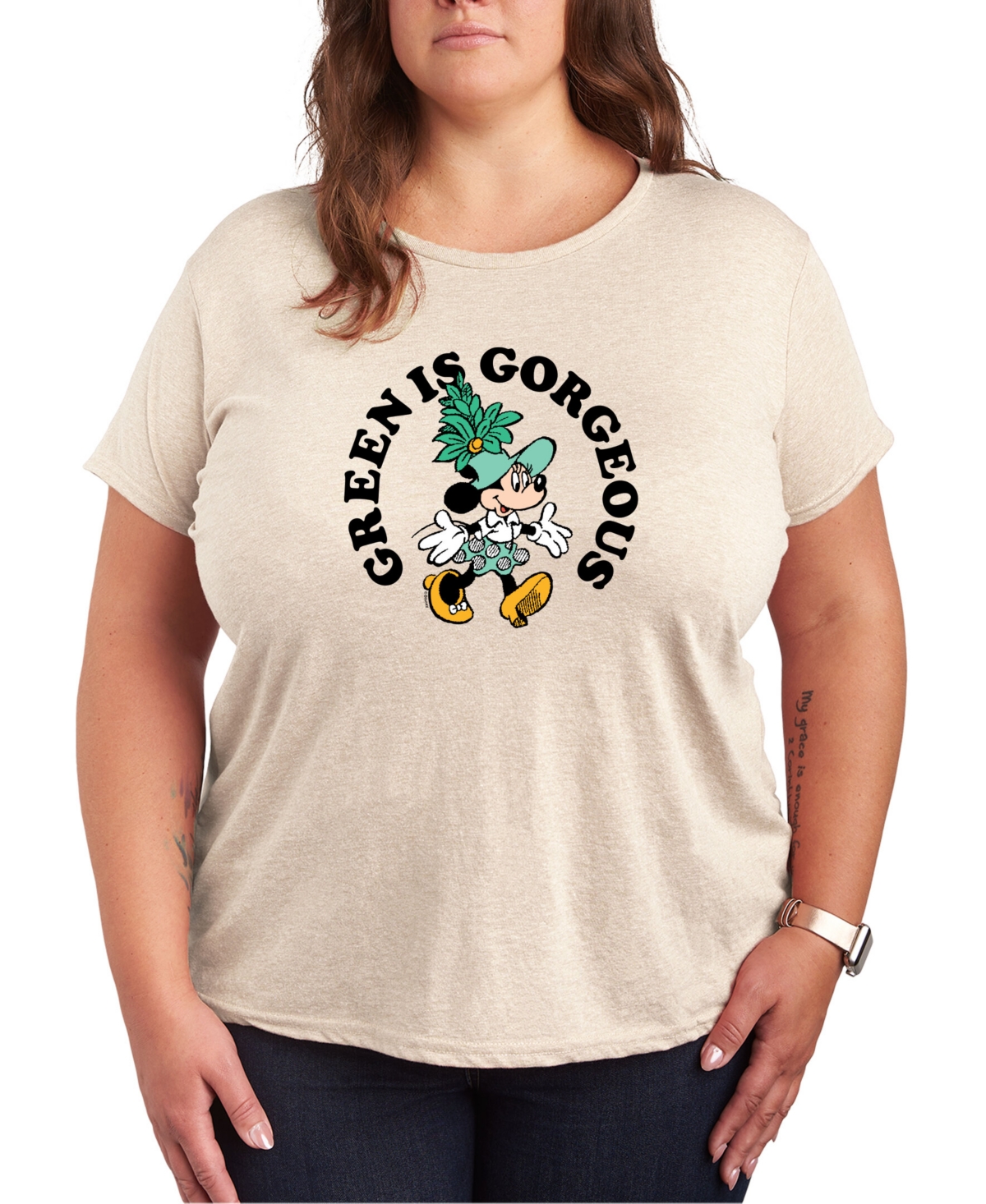 Shop Air Waves Trendy Plus Size Disney Minnie Mouse Green Is Gorgeous Graphic T-shirt In Beige,khaki
