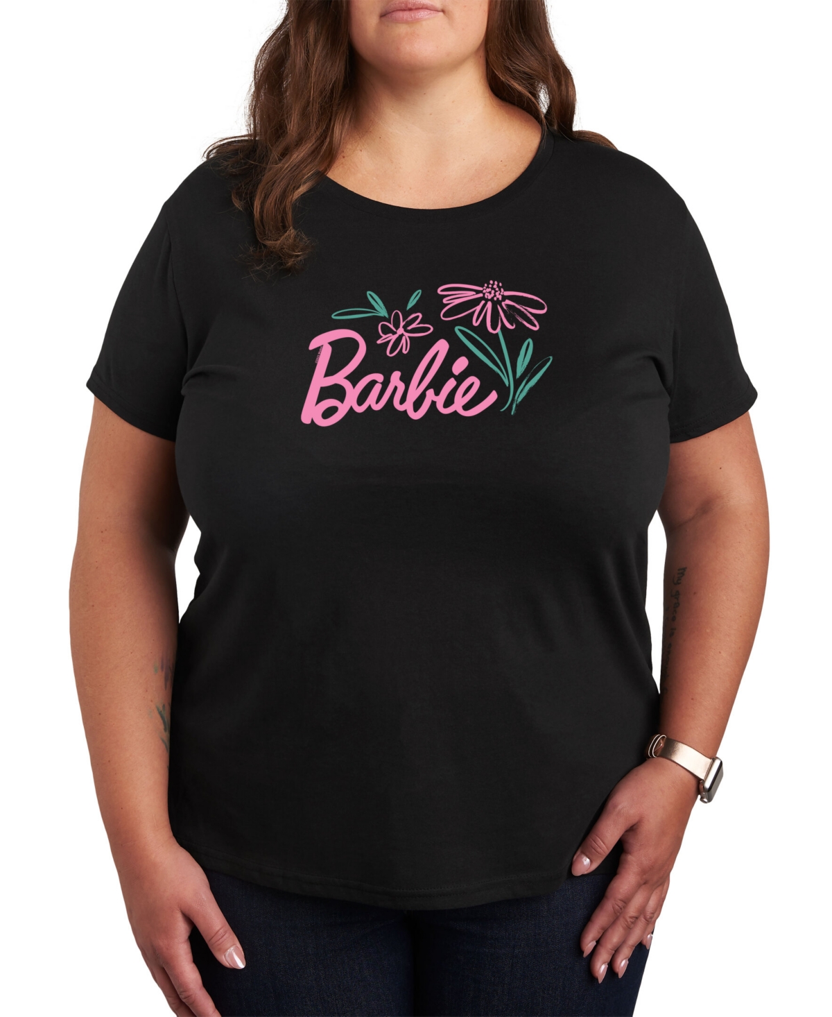 Air Waves Trendy Plus Size Barbie Spring Graphic Short Sleeve T-shirt - Black