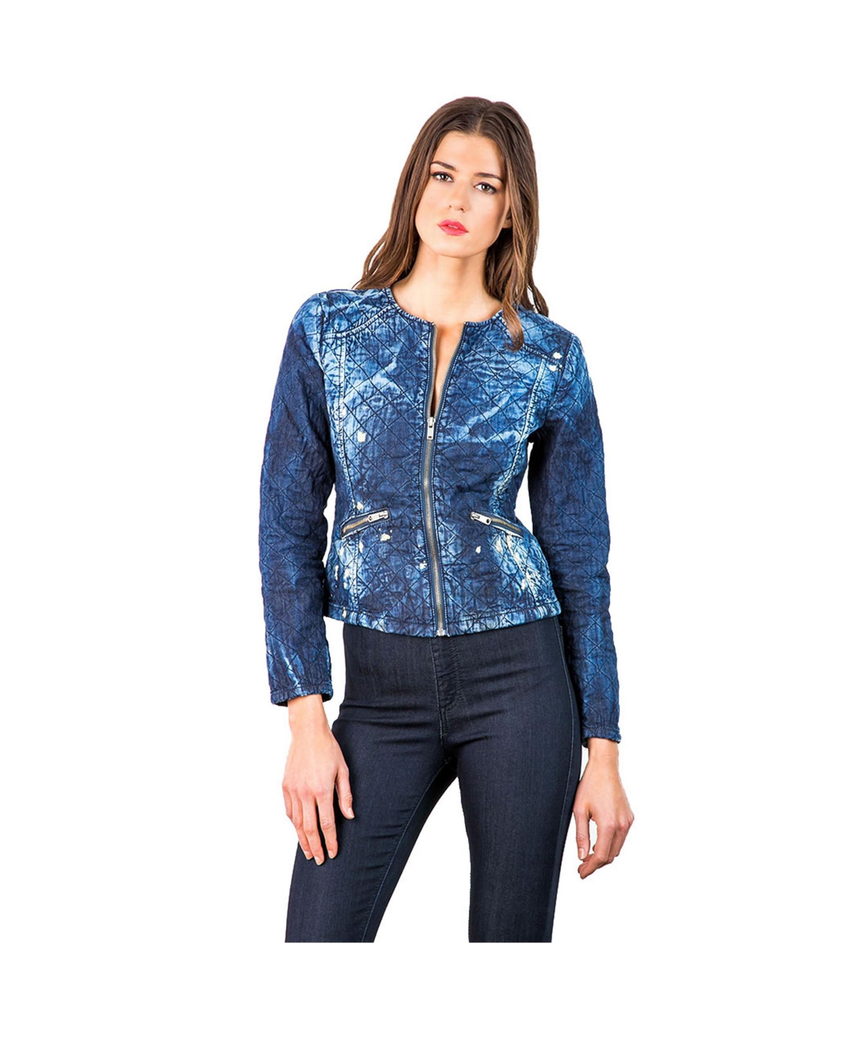 Women's Quilted Chambray Zipper Denim Moto Jacket - Medium blue