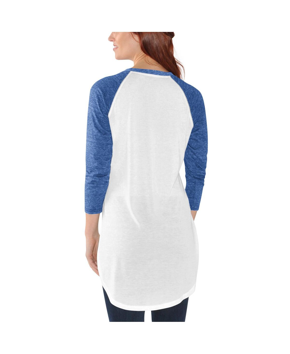 G-III 4HER BY CARL BANKS WOMEN'S G-III 4HER BY CARL BANKS WHITE, ROYAL SUPER BOWL LVIII TAILGATE RAGLAN 3/4 SLEEVE T-SHIRT 