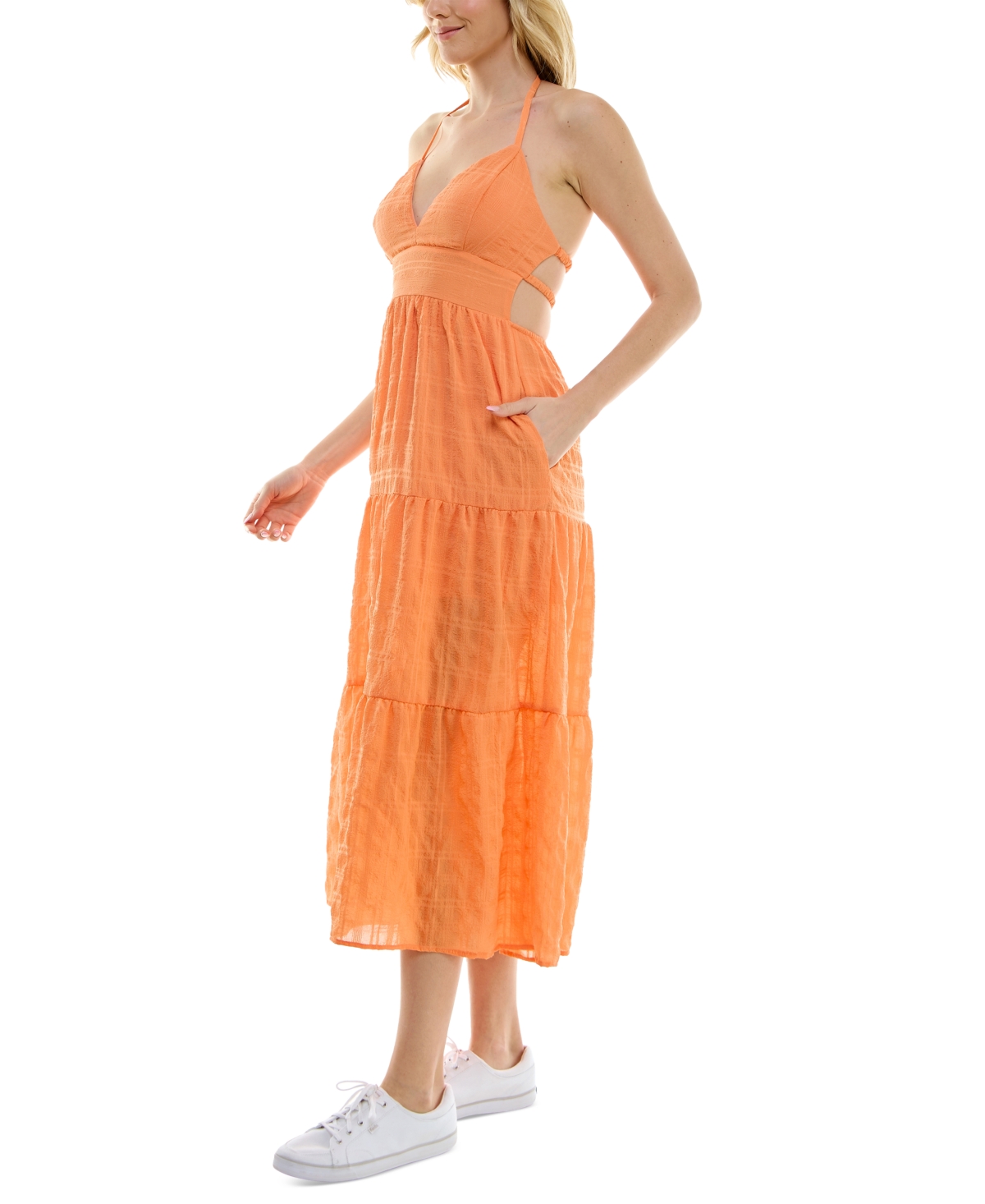 Shop Speechless Juniors' Printed Sleeveless Halter Midi Dress In Apricot Jm