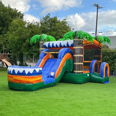 Tropical Commercial Grade Bounce House Water Slide with Splash Pool for Kids and Adults (with Blower), 15oz PVC Vinyl, Basketball Hoop, Wet Dry Combo, Outdoor Indoor, Big Inflatable