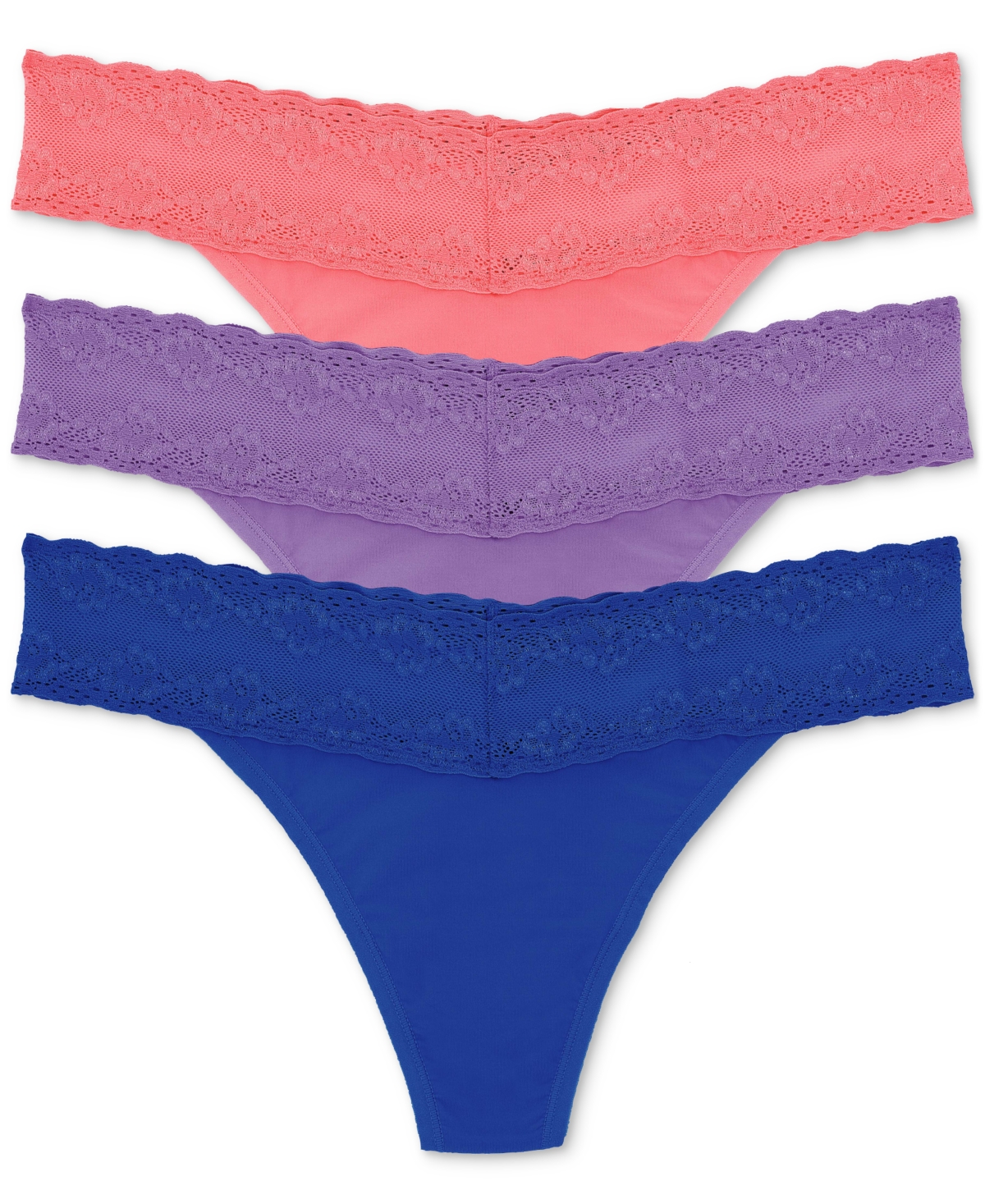 Natori Bliss Perfection Lace-trim Thong 3-pack 750092mp In Pap,pur,co