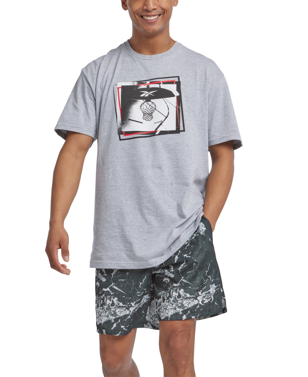 Shop Reebok Men's B-ball Hoop Graphic T-shirt In Grey Heather,black,red