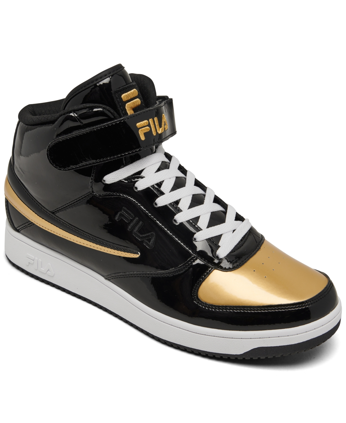 Shop Fila Men's A-high Patent Leather High Top Casual Sneakers From Finish Line In Black,gold
