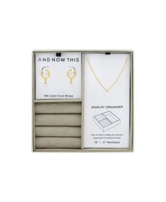 Imitation Pearl Hoop Earring and Necklace with Jewelry Box Set