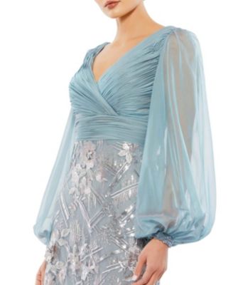 Women's Illusion Puff Sleeve Pleated Bodice Embellished Gown