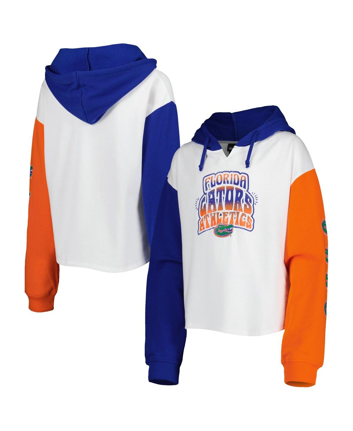 Shop Outerstuff Big Girls White, Royal Distressed Florida Gators Color Run Fleece Pullover Hoodie In White,royal
