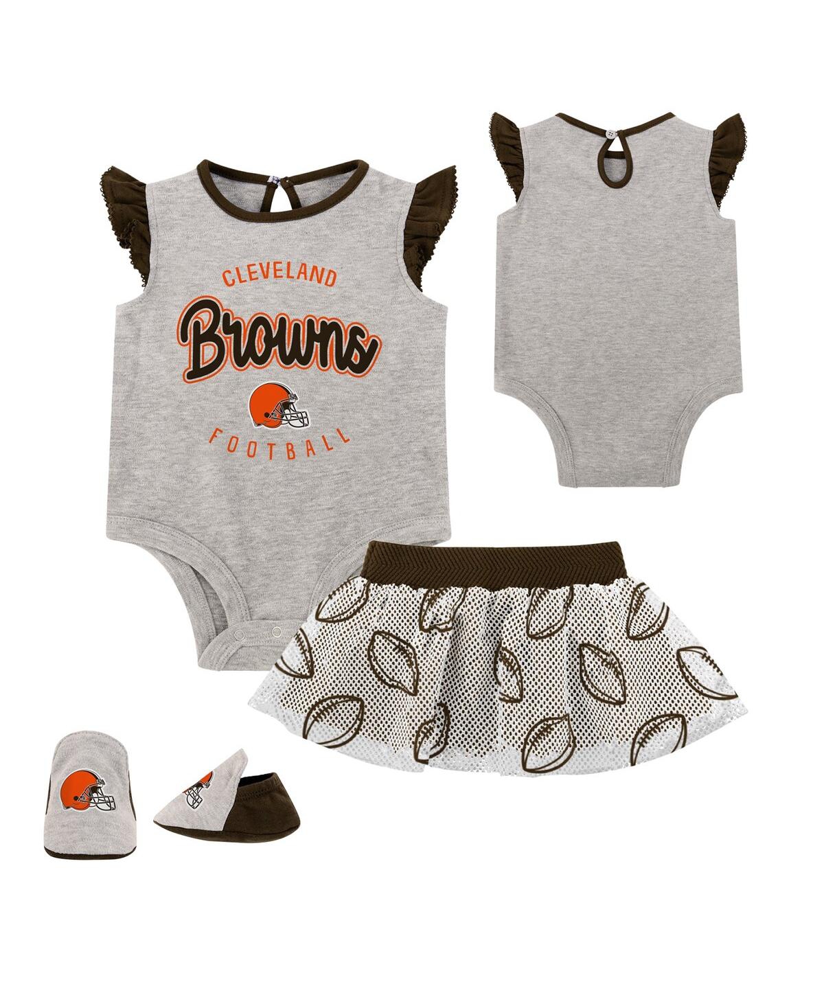 Shop Outerstuff Baby Boys And Girls Heather Gray, Brown Cleveland Browns All Dolled Up Three-piece Bodysuit, Skirt A In Heather Gray,brown