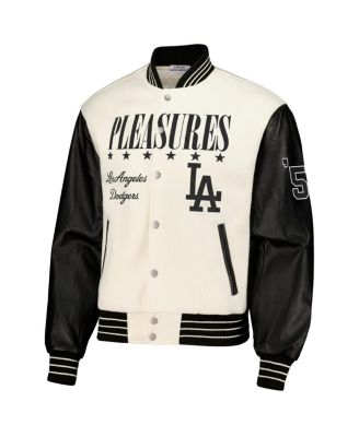 PLEASURES Men's White Los Angeles Dodgers Full-Snap Varsity Jacket