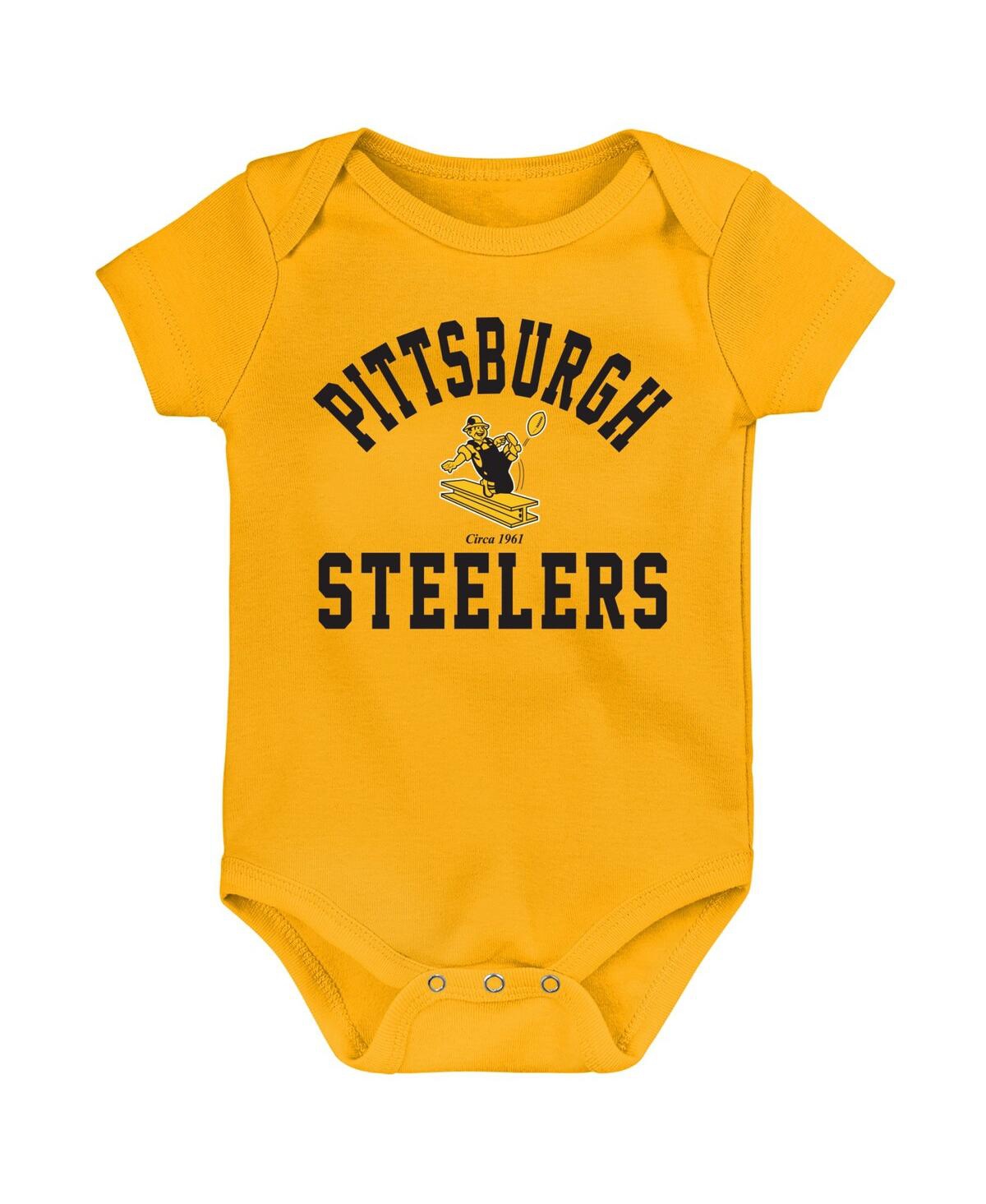 Outerstuff Newborn & Infant Black/gold/heather Gray Pittsburgh Steelers Three-pack Eat, Sleep & Drool Retro Bod In Black,gold,heather Gray