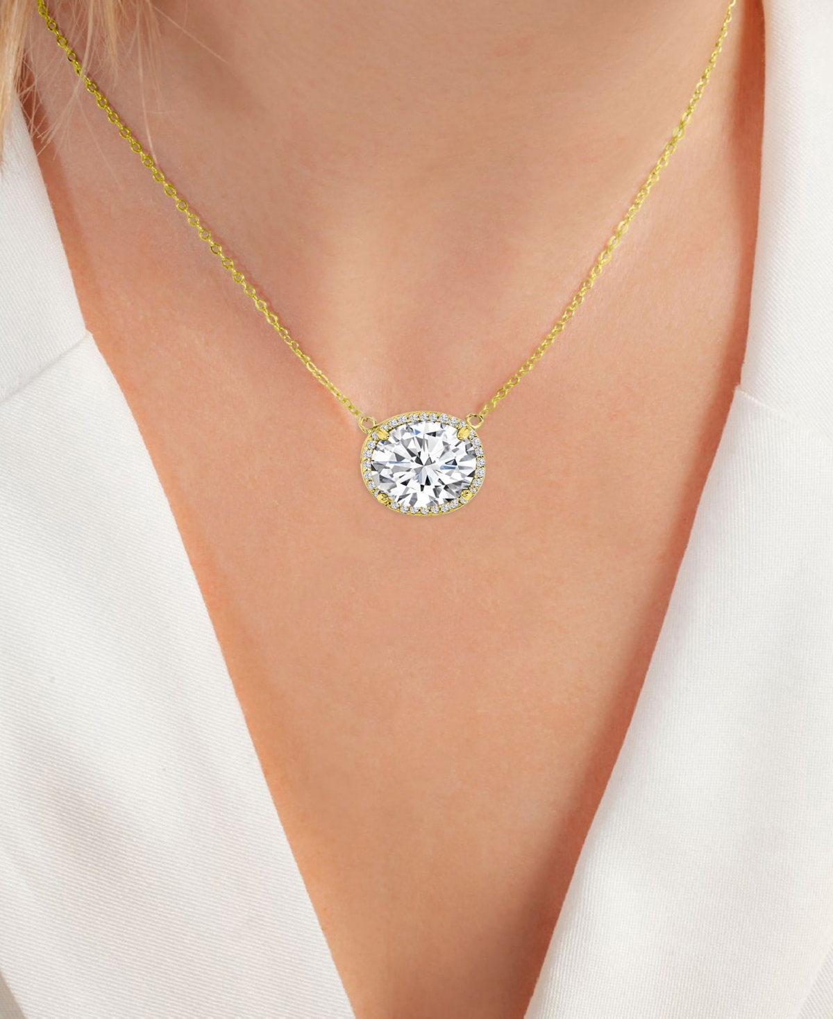 Cubic Zirconia Halo Pendant Necklace in 14kPlated Sterling Silver, 16