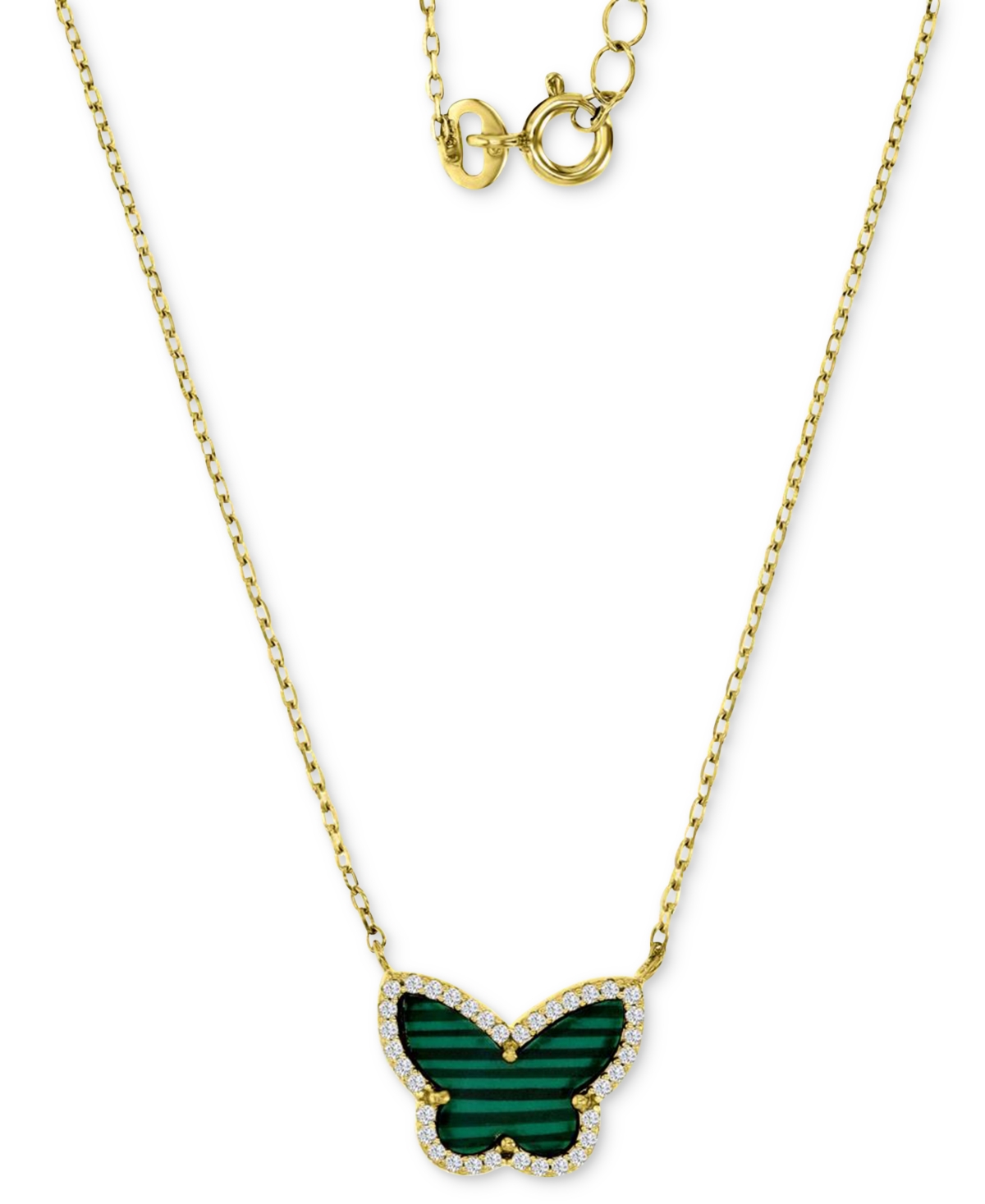 Simulated Malachite & Cubic Zirconia Butterfly Pendant Necklace in 14k Gold-Plated Sterling Silver, 18" + 2" extender - Malachite