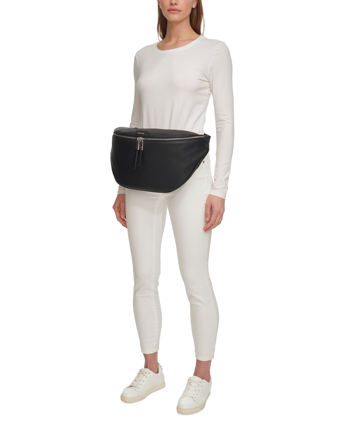 Shop Calvin Klein Moss Large Belt Bag With Zipper Closure In Black Silver