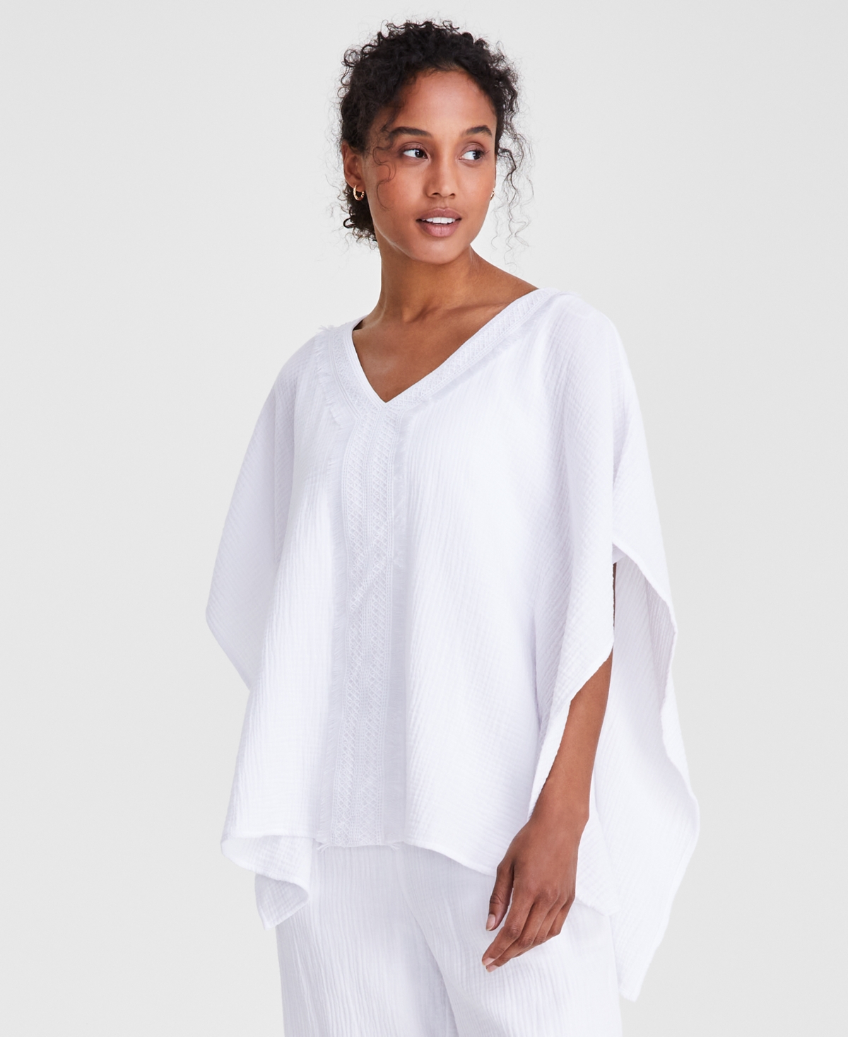 Shop Jm Collection Women's Lace-trim V-neck Gauze Poncho Top, Created For Macy's In Bright White