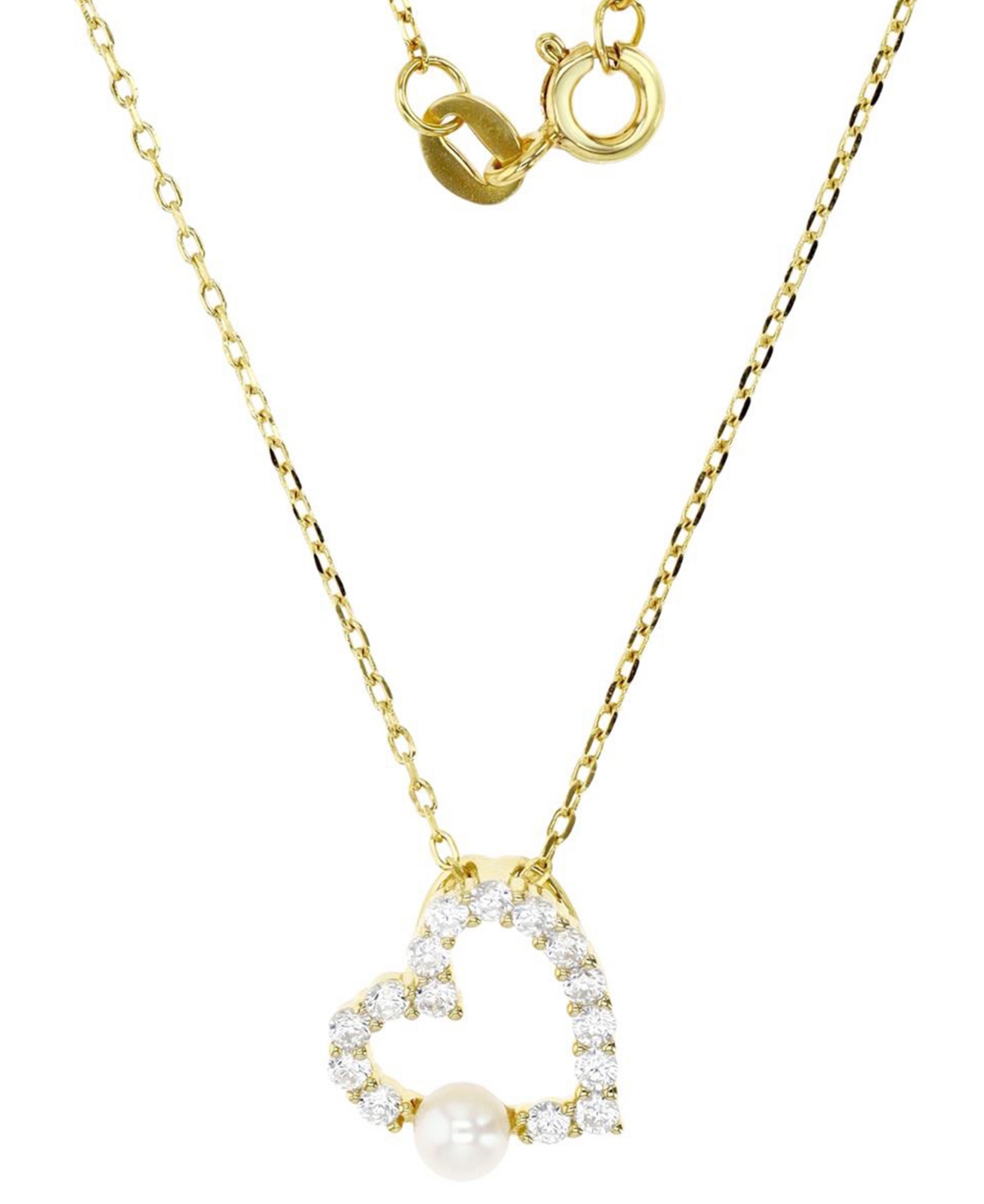 Macy's Cubic Zirconia & Imitation Pearl Open Heart Pendant Necklace In 14k Gold-plated Sterling Silver, 16"