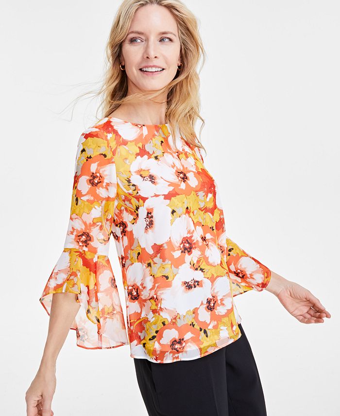 Kasper Womens Floral Print Ruffle Sleeve Blouse Macys 9860