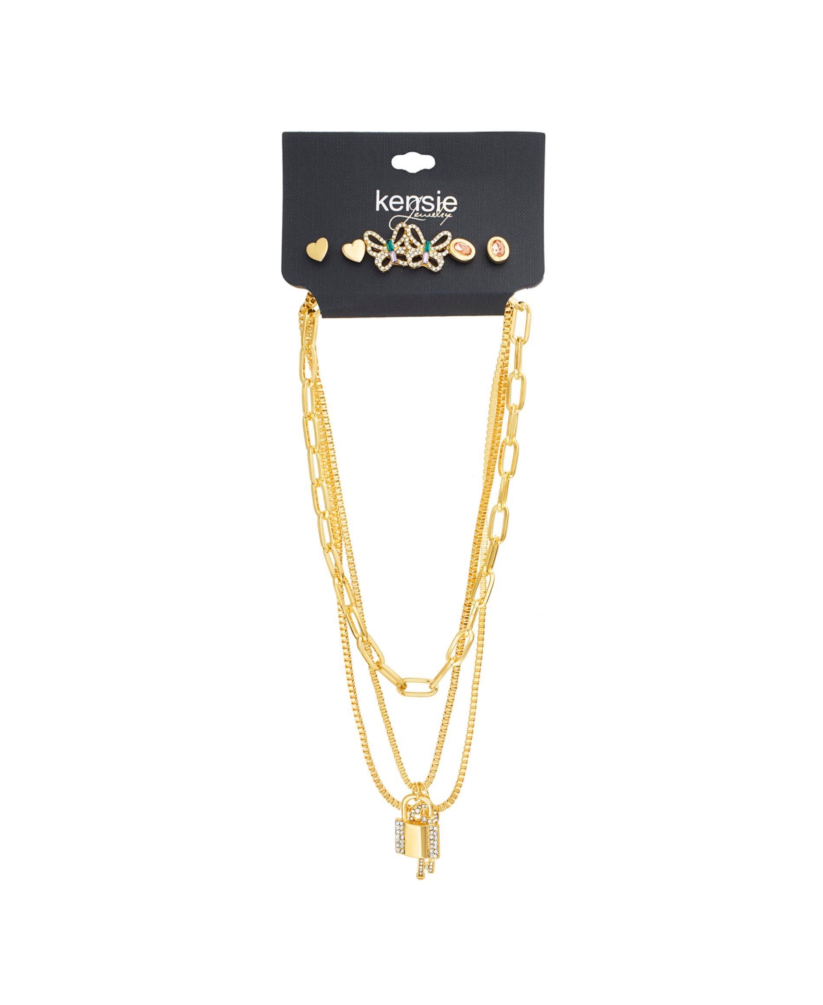 Shop Kensie Gold-tone 3-row Necklace With Key And Lock Pendants And 3 Pair Of Earrings Set