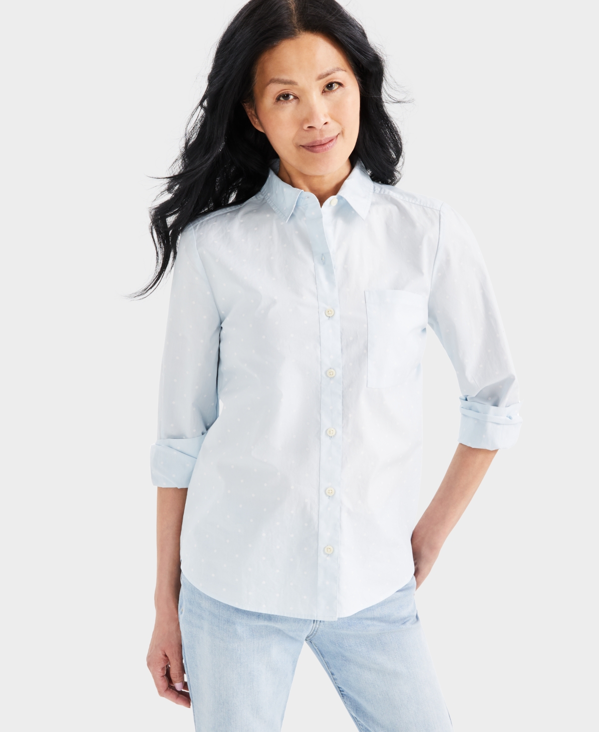 Shop Style & Co Women's Printed Cotton Poplin Button-up Shirt, Created For Macy's In Dot Cool Dusk