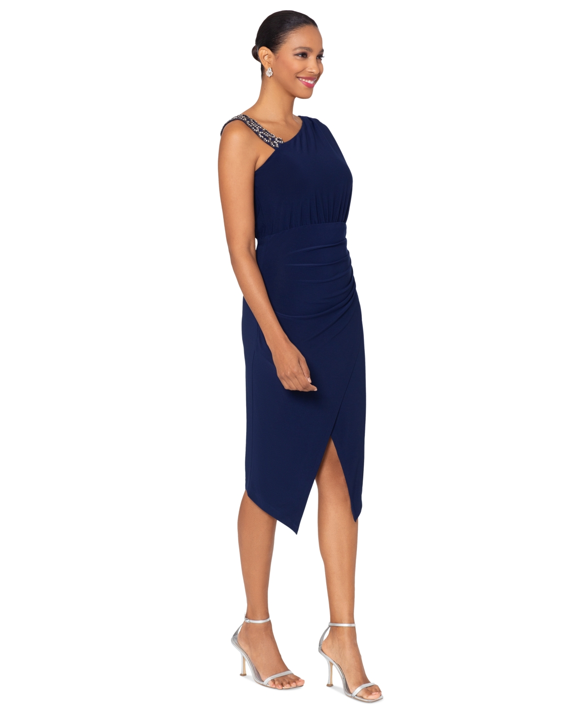Shop Betsy & Adam Plus Size High-low Off-the-shoulder Midi Dress In Navy,silver