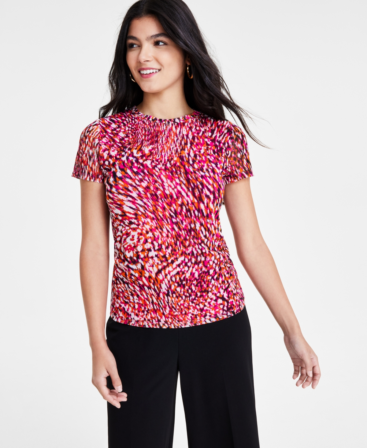 Women's Printed Short-Sleeve Mesh Top, Created for Macy's - Sunset Rose