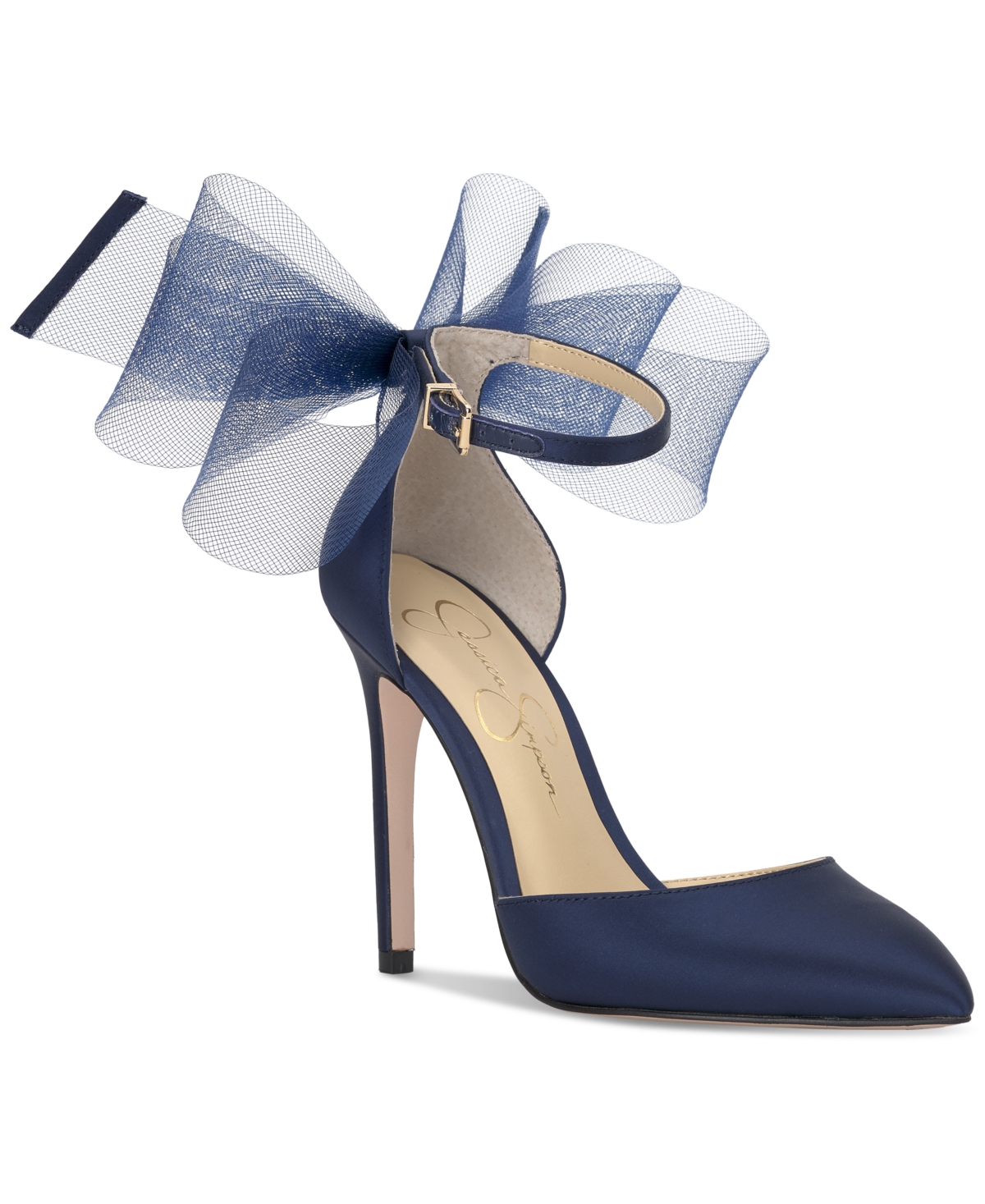 Shop Jessica Simpson Women's Phindies Bow Ankle-strap Pumps In Navy Baby Satin
