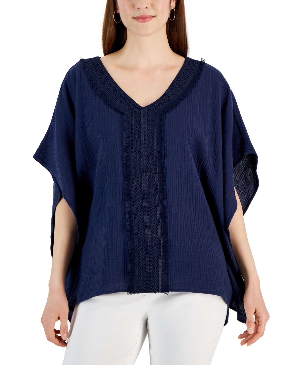 Shop Jm Collection Women's Lace-trim V-neck Gauze Poncho Top, Created For Macy's In Intrepid Blue