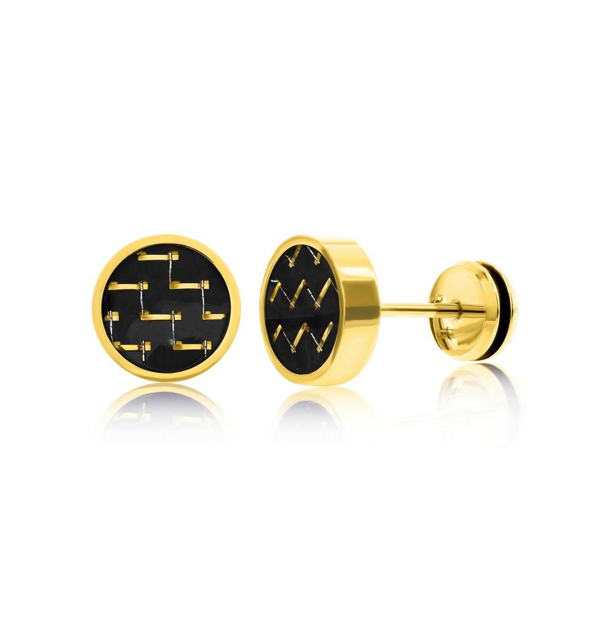 Gold Plated Over Stainless Steel 10mm Black Carbon Fiber Stud Earrings - Gold