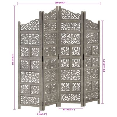 Hand carved 4-Panel Room Divider Gray 63"x65" Solid Mango Wood