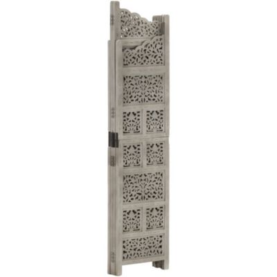 Hand carved 4-Panel Room Divider Gray 63"x65" Solid Mango Wood