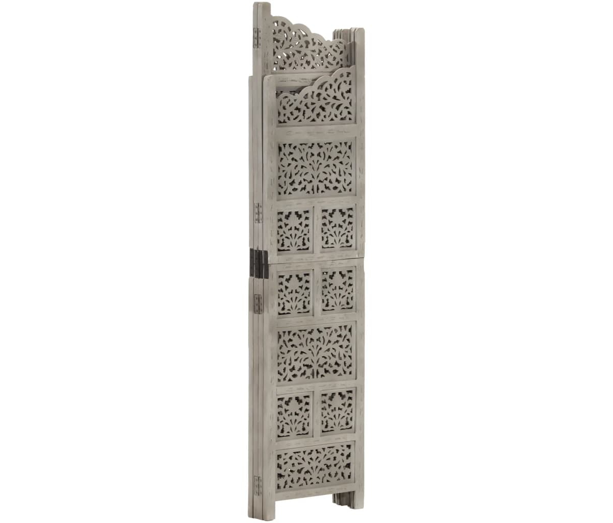 Hand carved 4-Panel Room Divider Gray 63"x65" Solid Mango Wood