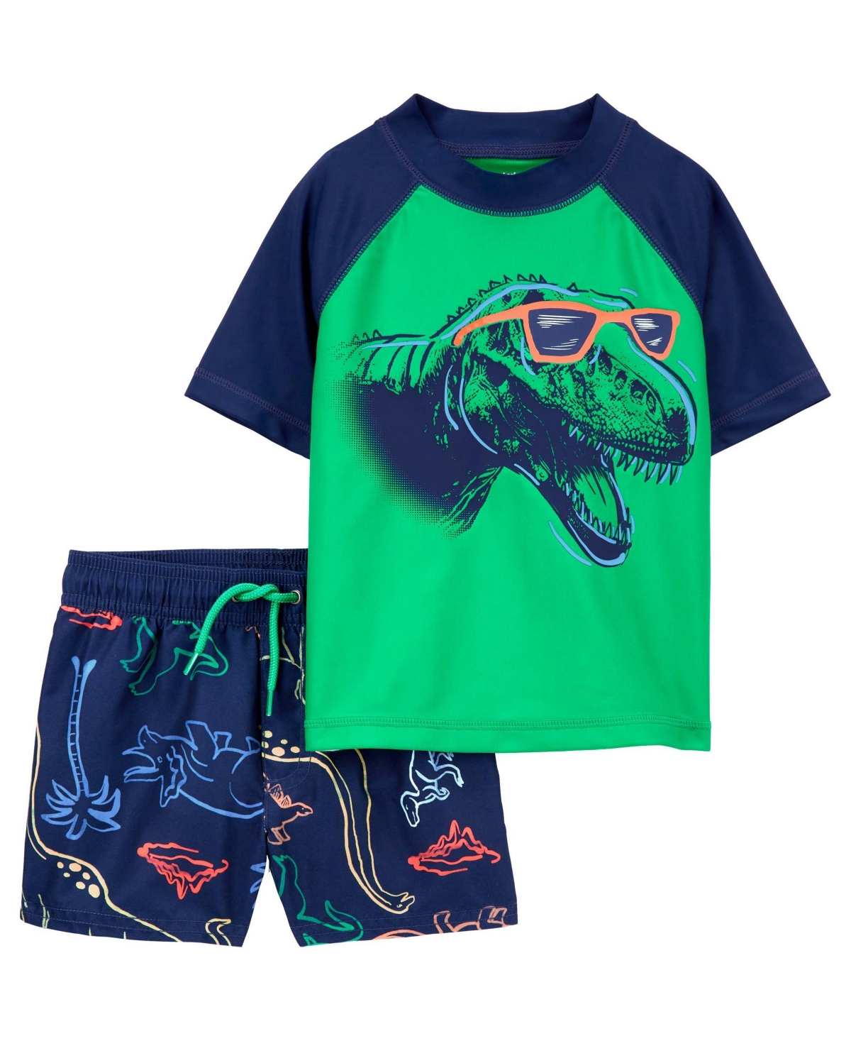Carter's Babies' Toddler Boys Dinosaur Rash Guard Top And Printed Swim Shorts, 2 Piece Set In Green