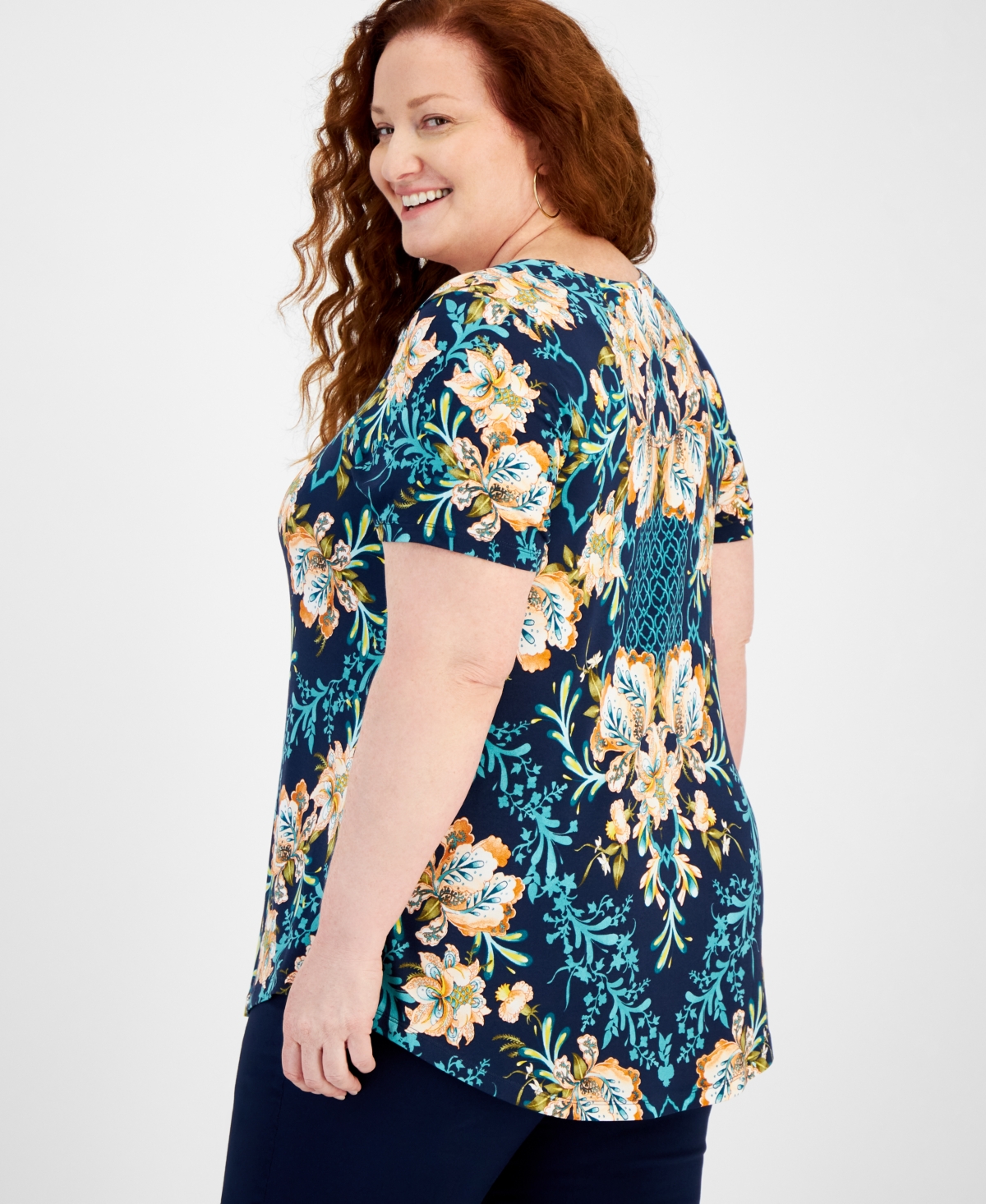 Jm Collection Plus Size Oasis Flora Scoop-Neck Top, Created for Macy's